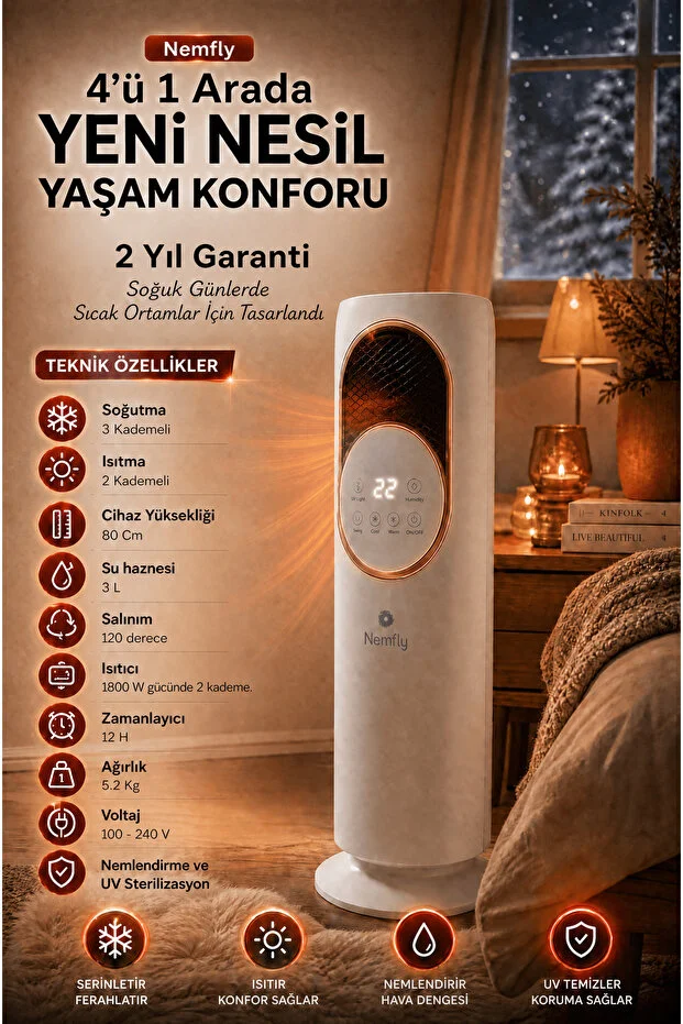 Uzaktan Kumandalı Hava Isıtıcı, Soğutucu, Nemlendirici ve UV Sterilizasyon Cihazı